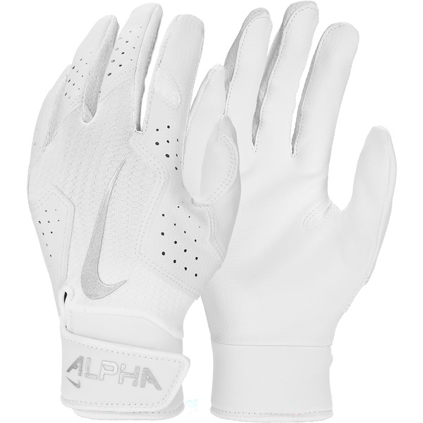 Nike Youth Alpha 2.0 Batting Gloves, L - White/Metallic Silver