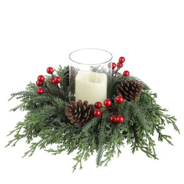 Red Shed LED Candle with Pine Wreath Decor, 12 in.