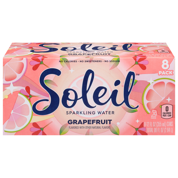 Soleil Sparkling Water, Grapefruit, 8 Pack