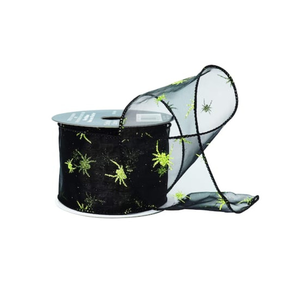 Celebrate It Glitter Spiders Wired Sheer Ribbon, 2.5 in x 6.6 yd - Black & Green