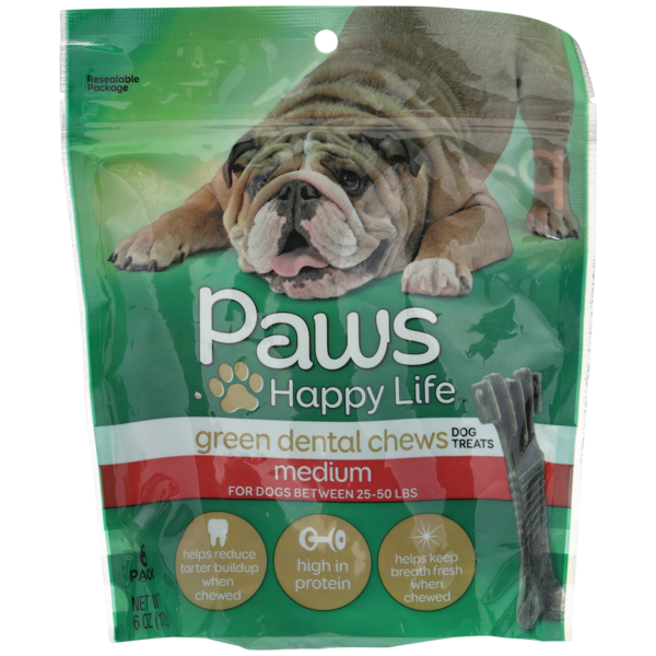 Paws Happy Life Medium Green Dental Chews Dog Treats For Dogs Between