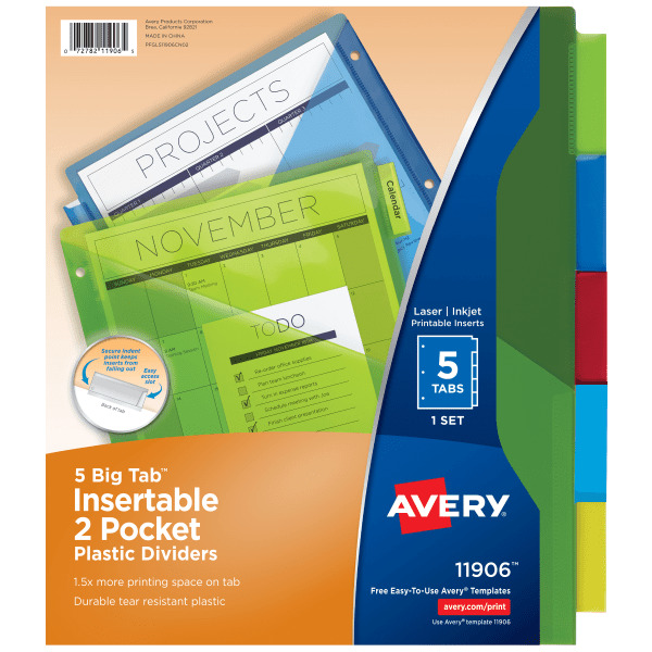 Avery Big Tab Two Pocket Assorted Colors Insertable Plastic Dividers