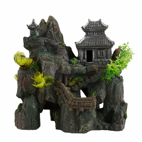 PetSmart Top Fin Asian Pagoda on Rock Aquarium Ornament - Grey, Green & Silver