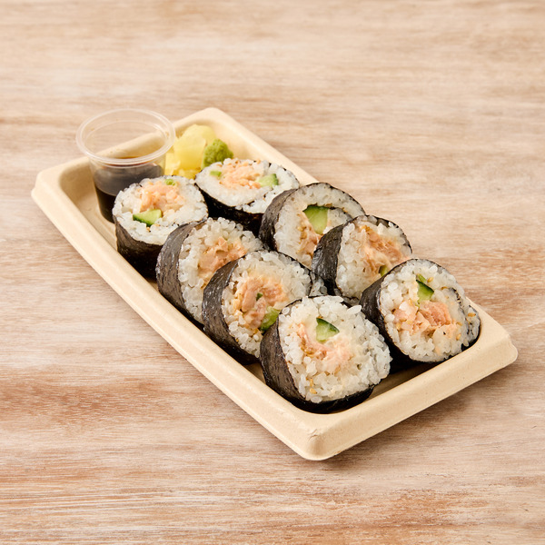 A tray of eight salmon salad sushi rolls with a small container of soy sauce, wasabi, and ginger.