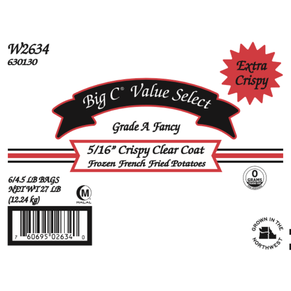 Frozen Big C - 5/16" Value Select Clear Coated French Fries - 27lb
