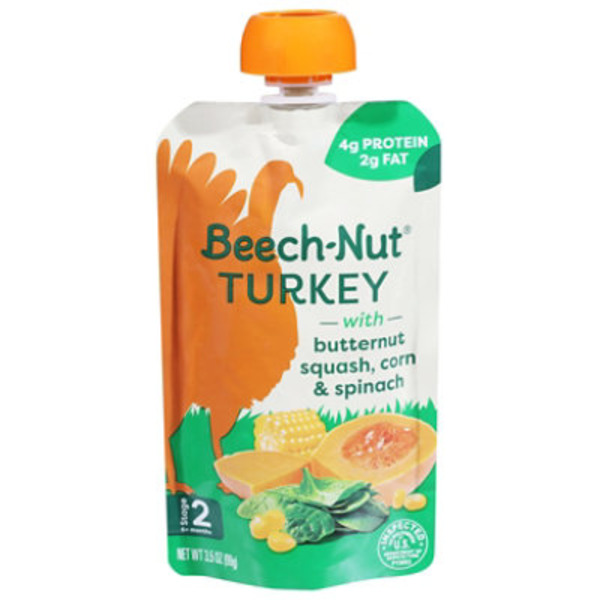 Beech-Nut Turkey Stage 2 Baby Food, Turkey Butternut Squash Corn & Spinach, Puree Meat Baby Food Pouch, 3.5 oz Pouch