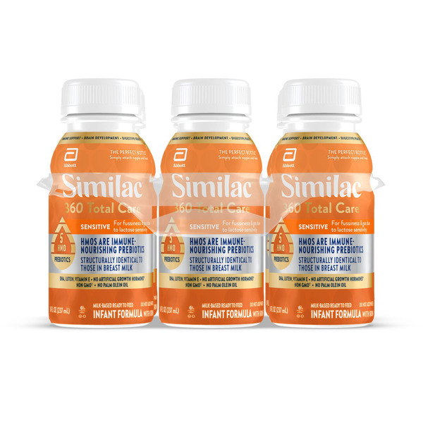 Similac 360 Total Care Sensitive Ready-to-Feed Infant Formula, Has 5 HMO Prebiotics, 8-fl-oz Bottles, Pack of 6
