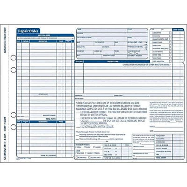 Adams 11.44" x 8.5" White Garage Auto Repair Order Forms Book