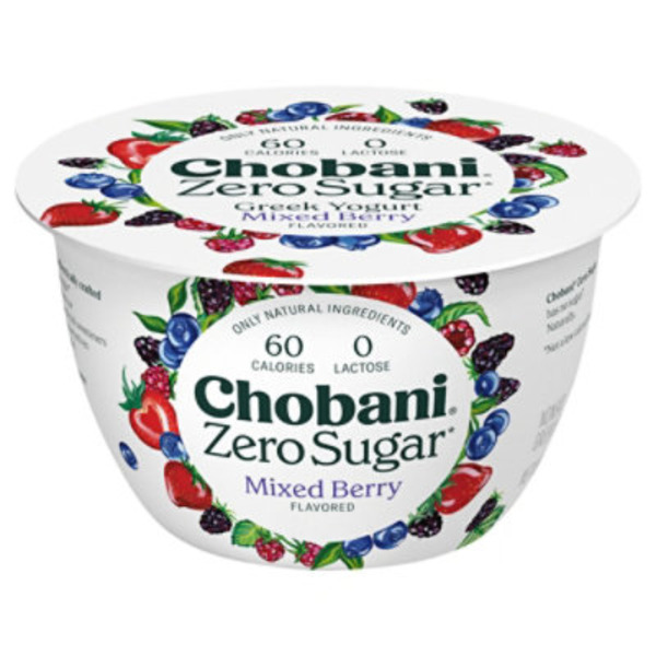 Chobani Yogurt, Greek, Nonfat, Zero Sugar, Mixed Berry Flavored