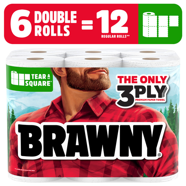 BRAWNY Tear-A-Square 3-Ply Paper Towels, 6 Double Rolls