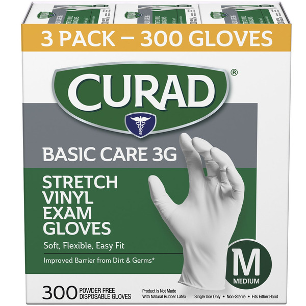 Curad Basic Care 3G Vinyl Exam Gloves, Medium, 300 ct Same-Day