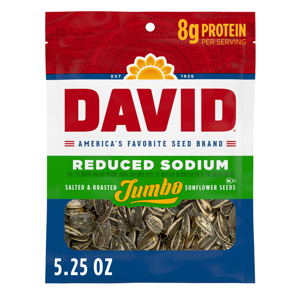 DAVID Reduced Sodium Salted and Roasted Jumbo Sunflower Seeds Keto Friendly Snack