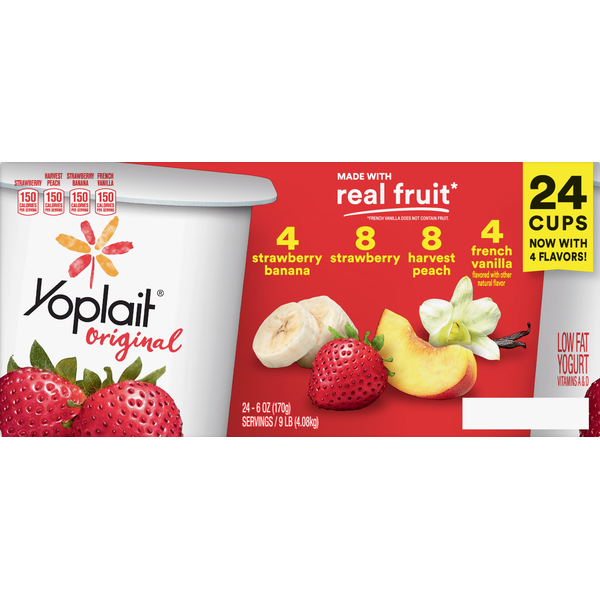 Yoplait Yogurt, Lowfat, Strawberry Banana, Strawberry, Harvest Peach, French Vanilla (24 each