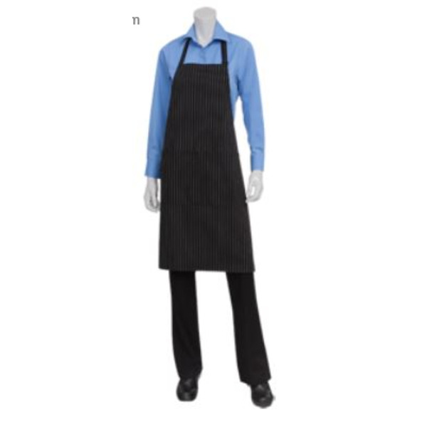 Chef Works - Bib Apron, 34-1/4"L x 27"W, patch pocket, black with white pinstripe