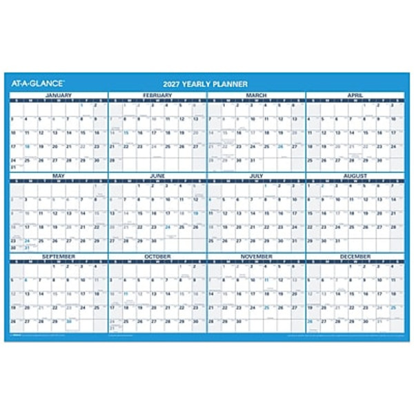 AT-A-GLANCE Erasable Yearly Wall Calendar, 24 x 36 in - Blue