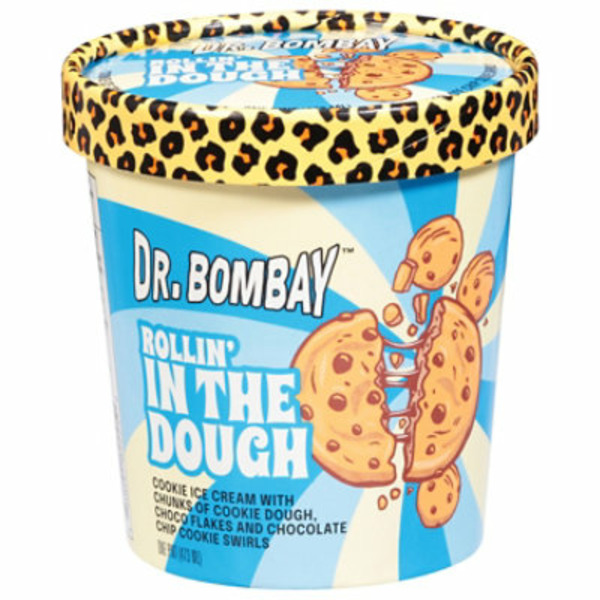 A pint-sized tub of Dr. Bombay Rollin' in The Dough ice cream with a leopard print lid and blue label featuring cookie graphics.