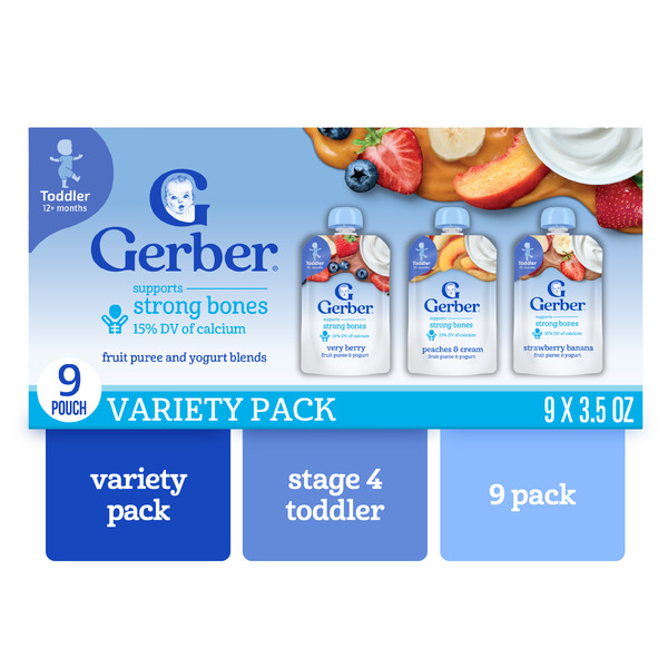 Gerber Toddler Food Very Berry Peaches & Cream Strawberry Banana Puree Pouches 9Pk