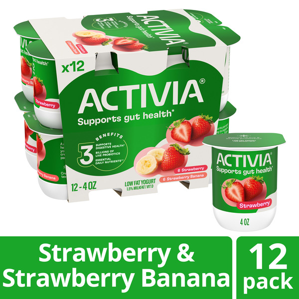 Activia Strawberry and Strawberry Banana Probiotic Yogurt, Delicious Low Fat Yogurt Cups to Help Support Gut Health, Variety Pack, 4 oz, 12 Count