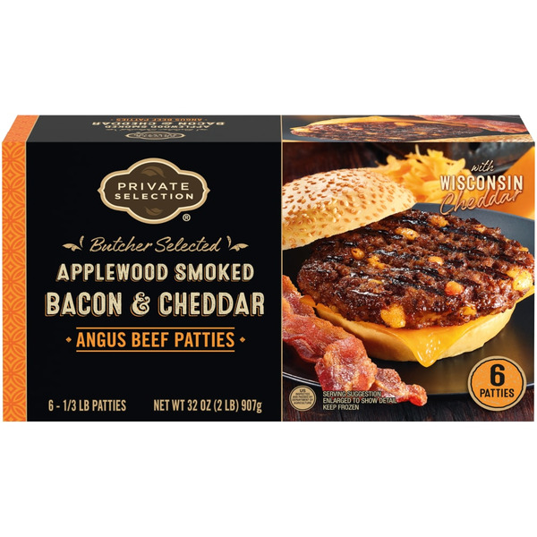Bacon Ruler Ruler Foods Private Selection Beef Patties, Angus, Applewood Smoked ...