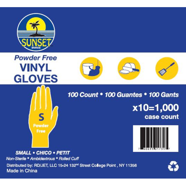 Sunset - Clear Vinyl Gloves without Powder, Size Small - 100 ct