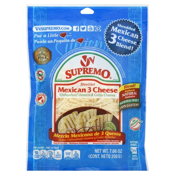 V&V Supremo Cheese, Shredded, Mexican 3 Cheese Blend, No Picante (7.06