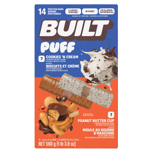 BUILT Cookies N' Cream & Peanut Butter Cup Puff Protein Bars