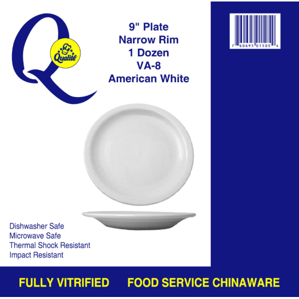 Qualite - 9" White Narrow Rim Plate - 1 Dz