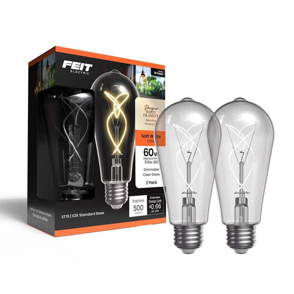 Feit Electric 60w Equiv. St19 Dim. Knot White Filament Clear Glass E26 Vintage Edison Straight Tapered Led Light Bulb Soft White 2-pk
