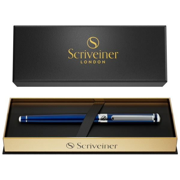 Scriveiner Midnight Blue & Silver Barrel Medium Point Black Ink Classic Rollerball Pen