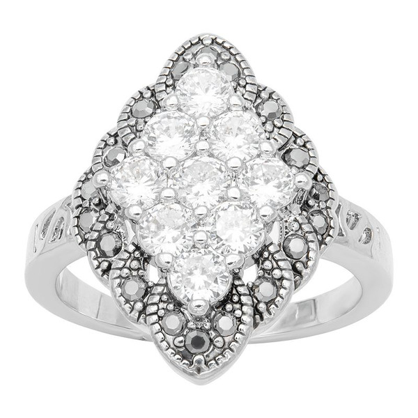 City Luxe Antique Silver Tone Art Deco Clear & Black Cubic Zirconia Ring, Women's, Size: 10, Silver Tone Team