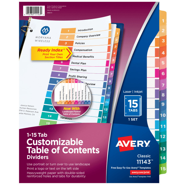 Avery Multicolor 15-Tab Index Table of Contents Dividers for Laser & Inkjet Printers