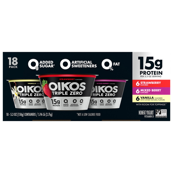 Oikos Triple Zero Greek Nonfat Yogurt, Variety Pack, 5.3 oz, 18-count