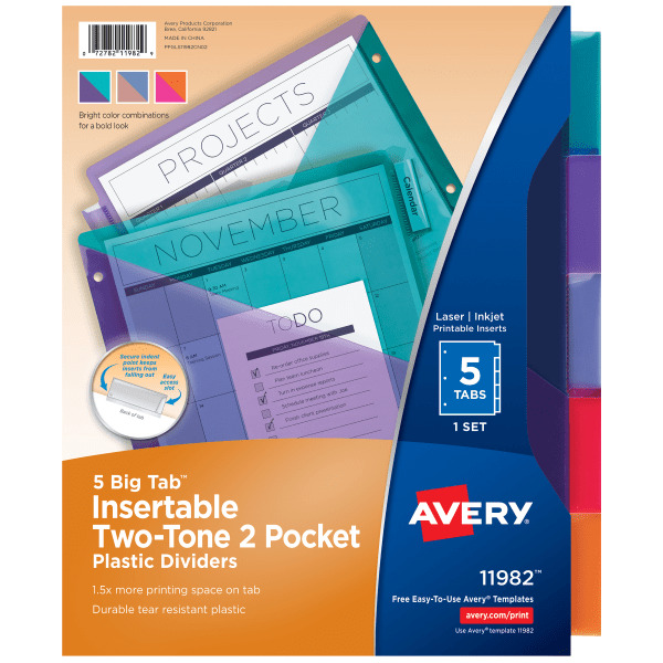 Avery 11982 Multicolor Two-Tone 5 Big Tab Insertable Plastic Dividers Set With Dual Pockets