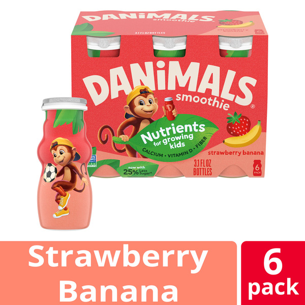 Danimals Smoothie Strawberry Banana Low Fat Dairy Drink Multi-Pack, Creamy and Delicious Snacks for Kids, 6 Ct, 3.1 fl oz Smoothie Bottles