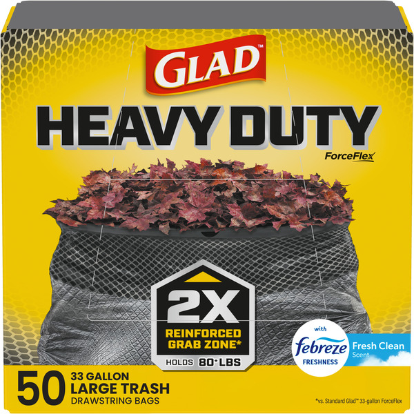 Glad 33 Gal. Heavy Duty 2x Reinforced And Rip Resistant Top Large Drawstring Outdoor Black Trash Bags (50-count)