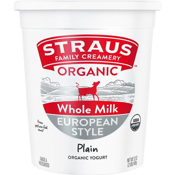 Straus Family Creamery Organic Whole Milk European Style Plain Yogurt in a red-and-gray 32-ounce tub