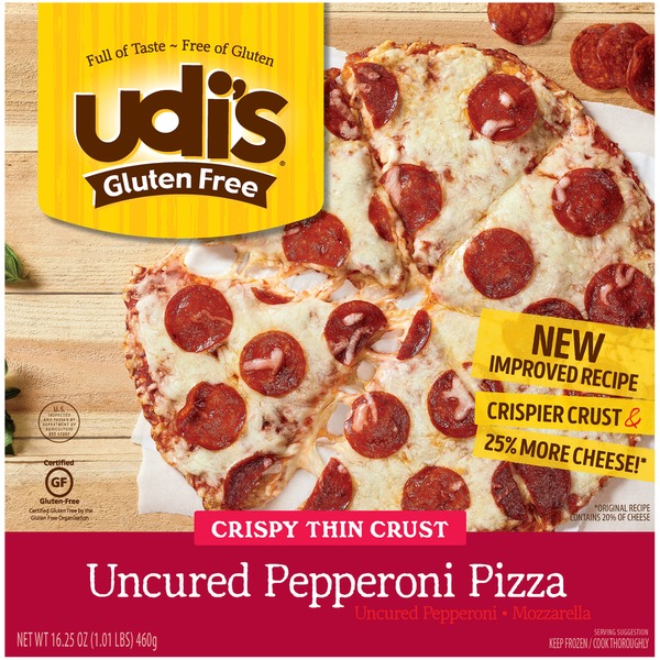 Udi S Gluten Free Crispy Thin Crust Uncured Pepperoni Pizza 16 25 Oz Instacart