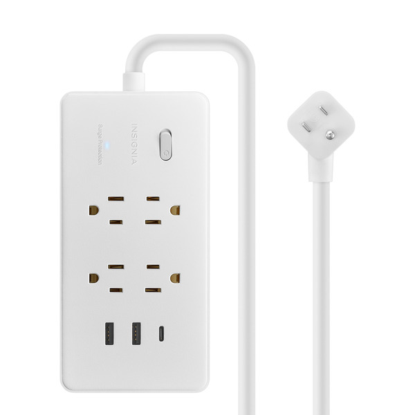 Insignia 4-Outlet 1-USB-C 2-USB 1200 Joules Surge Protector Strip With 6' Power Cord - White