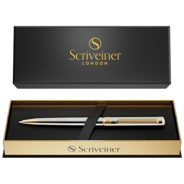 Scriveiner Stunning Luxury Pen Ballpoint Pen - Silver Chrome & Gold Barrel