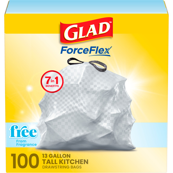 Glad ForceFlex Tall Kitchen Drawstring Trash Bags, 13 Gallon, Fragrance Free