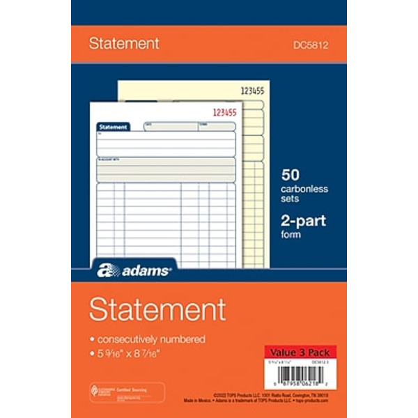 TOPS (DC5812-3) 2-Part, 50 Forms/Book Carbonless Statement Book