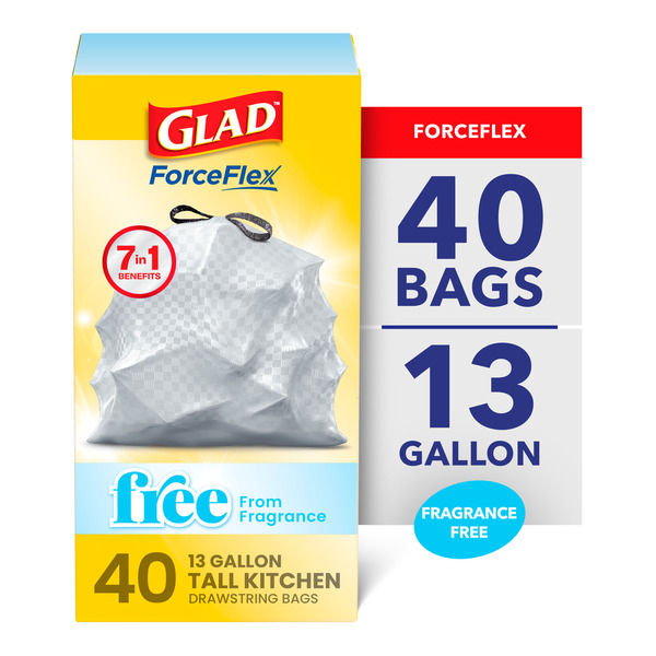 Glad ForceFlex Tall Kitchen Drawstring Trash Bags, 13 Gallon, Fragrance Free