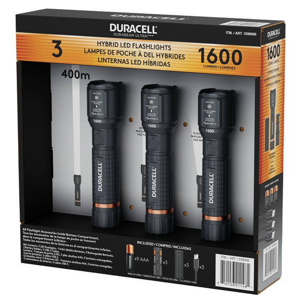 Duracell 1600 Lumen Hybrid Power LED Flashlight, 3-Pack